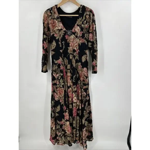 Vintage 90s Starina Dress Womens M Floral Lace Broche Grunge Fairy Maxi Romantic - Picture 2 of 10